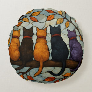 Vijf katten op een tak in glas-in-loodstijl rond kussen