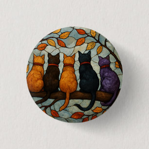 Vijf katten op een tak in glas-in-loodstijl ronde button 3,2 cm