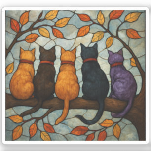 Vijf katten op een tak in glas-in-loodstijl sticker