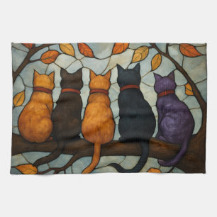 Vijf katten op een tak in glas-in-loodstijl theedoek