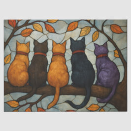 Vijf katten op een tak in glas-in-loodstijl tissuepapier