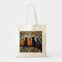 Vijf katten op een tak in glas-in-loodstijl tote bag