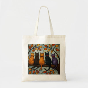 Vijf katten op een tak in glas-in-loodstijl tote bag