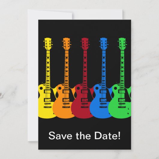 Vijf kleurrijke elektrische gitaren save the date (Voorkant)