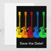 Vijf kleurrijke elektrische gitaren save the date (Voorkant / Achterkant)