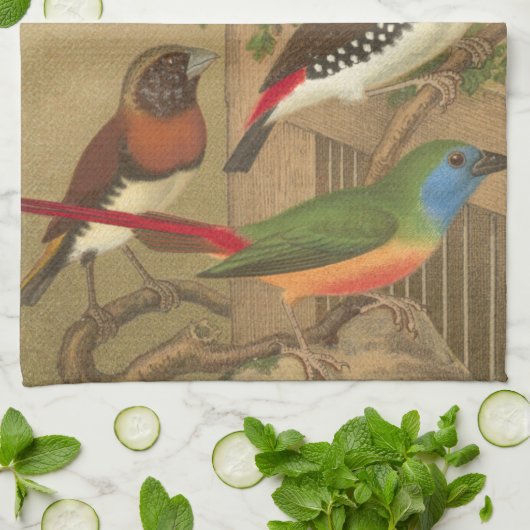 Vijf kleurrijke huisvogels die op een Tak worden v Theedoek (Gevouwen)