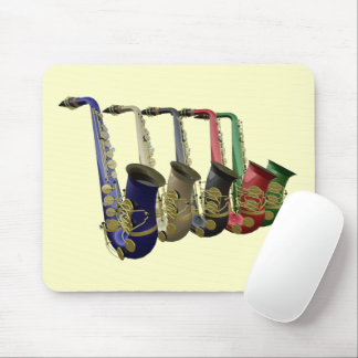 Vijf kleurrijke saxofoons in een lijnmousepad muismat