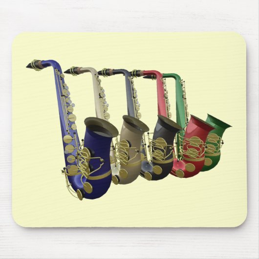 Vijf kleurrijke saxofoons in een lijnmousepad muismat (Voorkant)