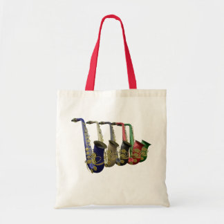 Vijf kleurrijke saxophones canvaskrafen en winkele tote bag