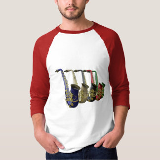 Vijf kleurrijke Saxophones Raglan Tee Shirt