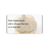 Vijf knoflookplakjes en een knoflookhandschoen etiket (Voorkant)