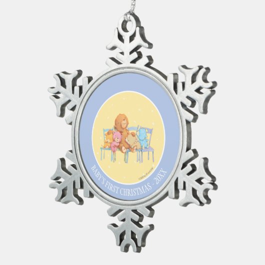 Vijf luide en kleurrijke Beren op stoelen Tin Sneeuwvlok Ornament (Rechts)