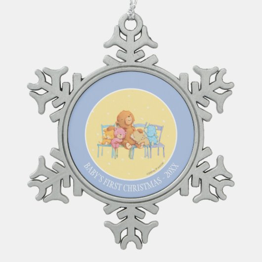 Vijf luide en kleurrijke Beren op stoelen Tin Sneeuwvlok Ornament (Voorkant)