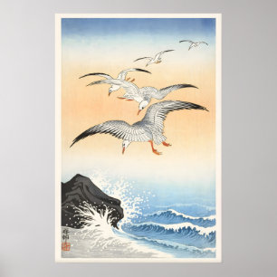 Vijf meeuwen boven een turbulente zee Japanse fijn Poster