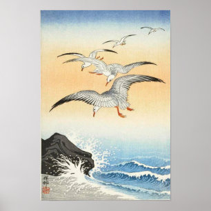 Vijf meeuwen boven turbulent zee door Ohara Koson Poster