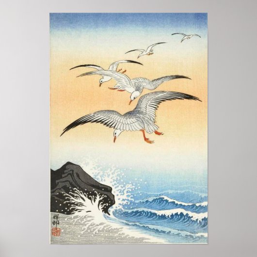 Vijf meeuwen boven turbulent zee door Ohara Koson Poster (Voorkant)