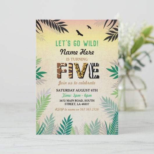 Vijf Oerwoud 5e verjaardagsfeest Safari ZOO Uitnod Kaart (Staand voorkant)