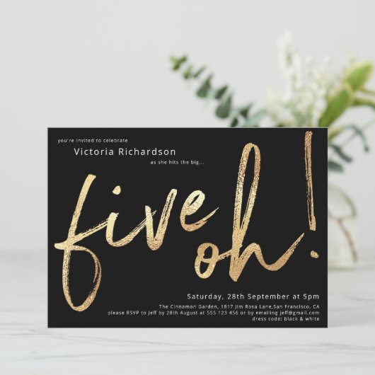 Vijf Oh 50th Birthday Black Gold Foil stijlvolle a Kaart (Staand voorkant)