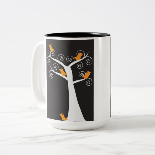 Vijf Oranje vogels in een Mok (Voorkant links)