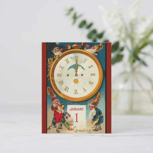  vijf ouderen rond een klok gelukkig nieuwjaar briefkaart (Staand voorkant)