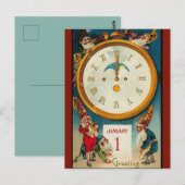  vijf ouderen rond een klok gelukkig nieuwjaar briefkaart (Voorkant / Achterkant)