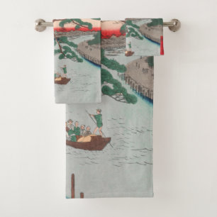Vijf pennen op het Onagi Canal  Ukiyo-e Japans Bad Handdoek