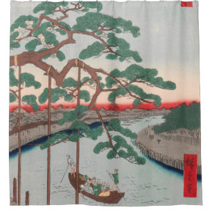 Vijf pennen op het Onagi Canal  Ukiyo-e Japans Douchegordijn