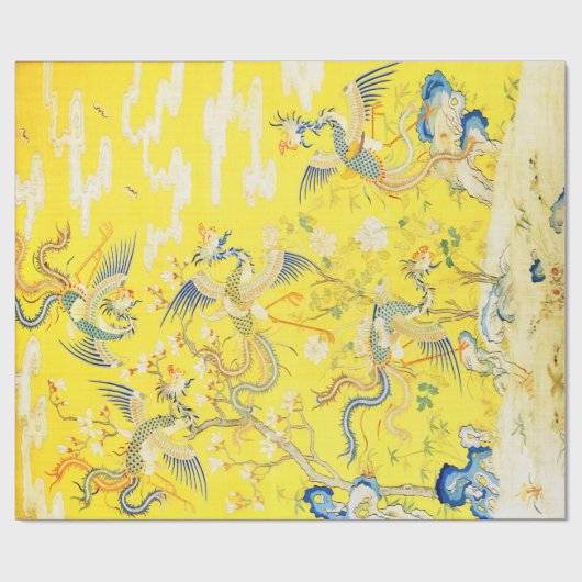 Vijf Phoenixen in Tuin Chinese Gele Floral Cadeaupapier (Vlak)