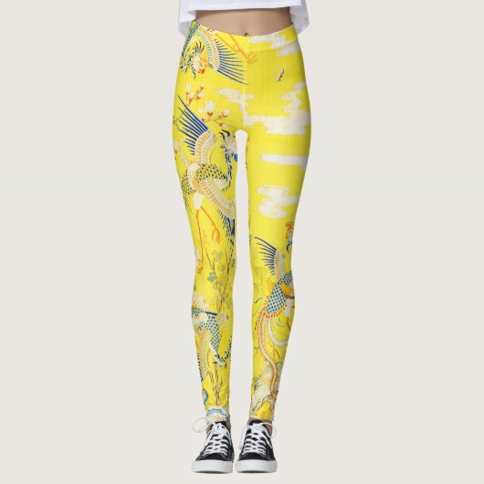 Vijf Phoenixen in Tuin Chinese Gele Floral Leggings (Voorkant)