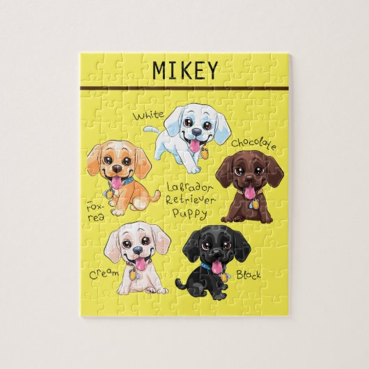 Vijf puppies puzzel met gepersonaliseerde naam. (Verticaal)