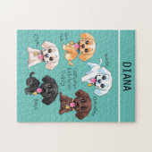 Vijf puppies puzzel met gepersonaliseerde naam. (Horizontaal)