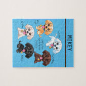 Vijf puppies puzzel met gepersonaliseerde naam. (Horizontaal)