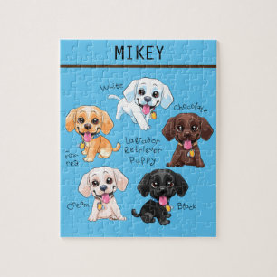 Vijf puppies puzzel met gepersonaliseerde naam.