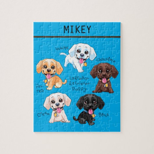Vijf puppies puzzel met gepersonaliseerde naam. legpuzzel (Verticaal)
