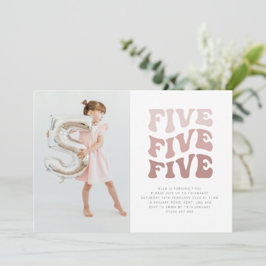 Vijf Retro Blush Landschapsfoto Uitnodiging (Staand voorkant)