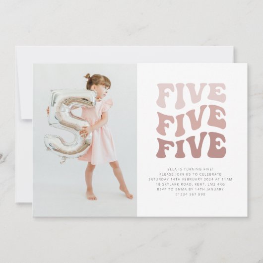 Vijf Retro Roze Landschap Foto Uitnodiging (Voorkant)