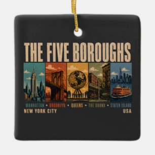 Vijf stadsdelen New York City NYC Illustratie Retr Keramisch Ornament
