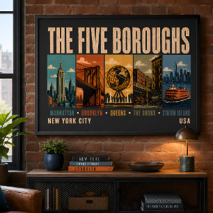 Vijf stadsdelen New York City NYC Illustratie Retr Poster