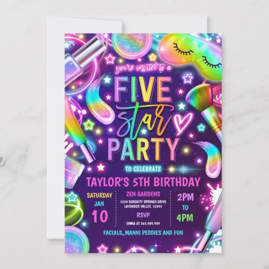 Vijf Sterren Party Neon Glow Spa Make-up 5e verjaa Kaart (Voorkant)