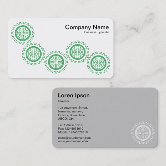Vijf tandwielen - groen en wit, grijs terug visitekaartje (Voorkant / Achterkant)