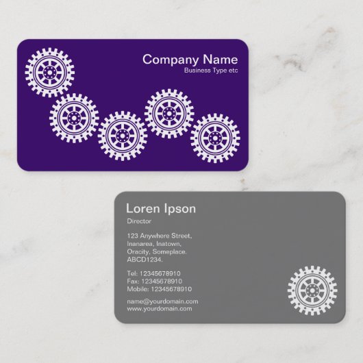 Vijf tandwielen II - wit op diep Paars - grijs ter Visitekaartje (Voorkant / Achterkant)