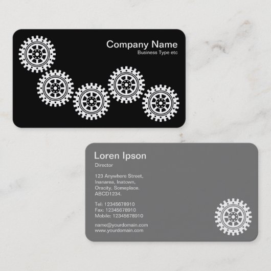 Vijf tandwielen II - wit op zwart - grijs terug Visitekaartje (Voorkant / Achterkant)