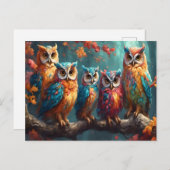 Vijf uilen op een boomtak briefkaart (Voorkant / Achterkant)