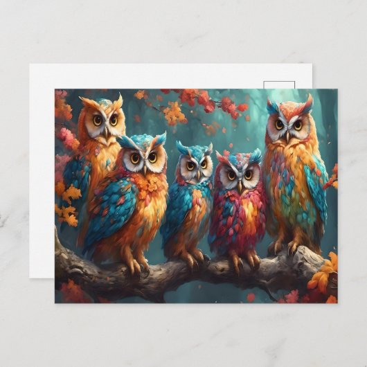 Vijf uilen op een boomtak briefkaart (Voorkant / Achterkant)