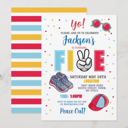 Vijf verjaardag vrede uit! 5e zomer jongens kaart (Voorkant / Achterkant)