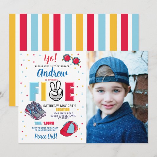 Vijf verjaardag vrede uit! 5e zomer jongens kaart (Voorkant / Achterkant)