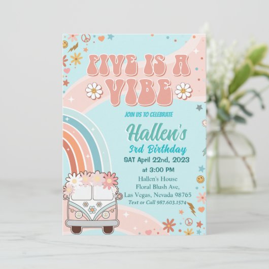 Vijf Vibe Groovy Retro Rainbow vijfde verjaardag Kaart (Staand voorkant)