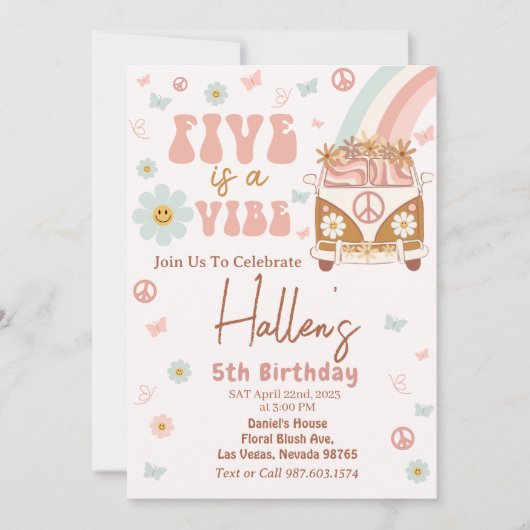 Vijf Vibe Groovy Retro Rainbow vijfde verjaardag Kaart (Voorkant)