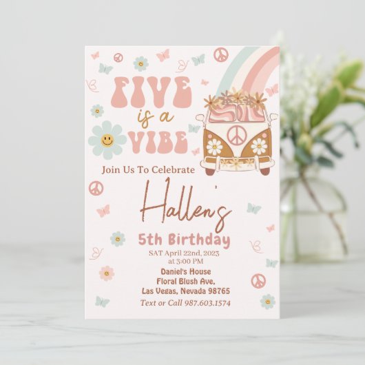 Vijf Vibe Groovy Retro Rainbow vijfde verjaardag Kaart (Staand voorkant)