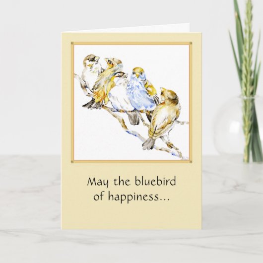 Vijf vogeltjes, 5x7 gevouwen Kaart waterverf (Voorkant)